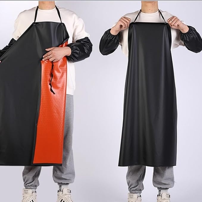 Rubber Waterproof Apron Anti-Corrosion Work Safety Apron Black Apron with 2 Sleeves, Chemical Resistant Industrial Work Apron, Waterproof Rubber Vinyl Black Work Apron 43 Inch Adjustable Bib