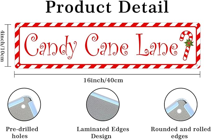 Candy Cane Lane Metal Tin Sign Vintage Funny Christmas Sign for Cafe Home Bar Farmhouse Christmas Art Wall Decoration Retro Poster 4x16 Inch