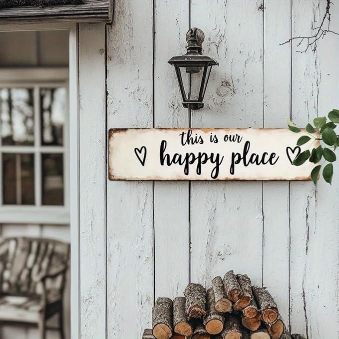 This is Our Happy Place Metal Tin Sign Farmhouse Style Wall Decor for Living Room Bedroom Kitchen Entryway Farmhouse Decor 4x16 Inch