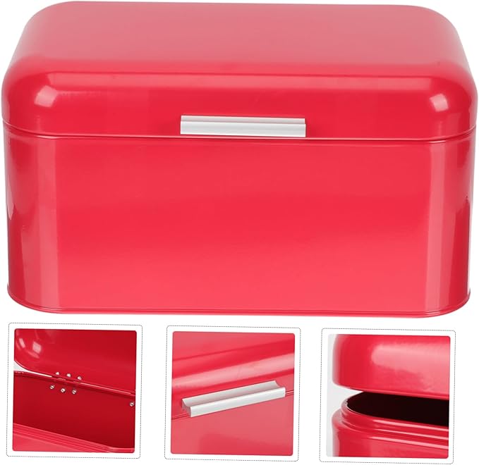 Lurrose Retro Iron Bread Box with Cover Portable Metal Storage Container for Bread Snacks Fruits Kitchen Utensils Stable Base Grain Storage Bin for Countertop Red Vintage Kitchen Decor