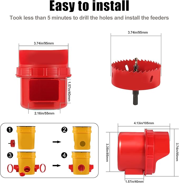 Chicken Feeder No Waste, 4 Ports Automatic Poultry Feeder with Covers & Hole Saw, Rain Proof Chicken Feeder Port for Buckets, Bins & Barrels