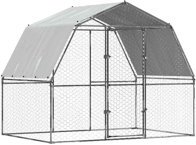 Large Silver Galvanized Steel Outdoor Animal Pen 76.8"x112.2"x90.6" Chicken Coop Rabbit Run UV-Resistant Roof Lockable Door for Backyard Farm Garden