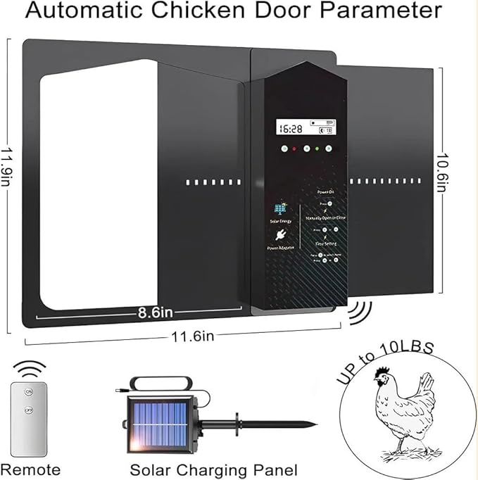 Automatic Chicken Coop Door,Solar Chicken House Timer Door,Lcd Display,With Remote Control,Light Sensor Chicken Coop Door,Ip65 Waterproof,3 Power Supply Modes Coop Door