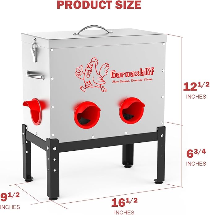 40 LB Large Automatic Chicken Feeder, 6 Port Metal Chicken Feeders, No-Waste Poultry Feeder with Adjustable Legs & Locking Lid, Weatherproof Large Chicken Feeder for Inside Chicken Coops