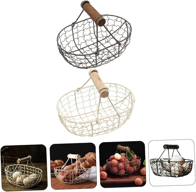 2pcs Vintage Metal Mesh Storage Baskets with Wooden Handles, Multi-function Fruit and Egg Organizer for Kitchen Counter and Harvesting, Farmhouse Style Wire Basket Set