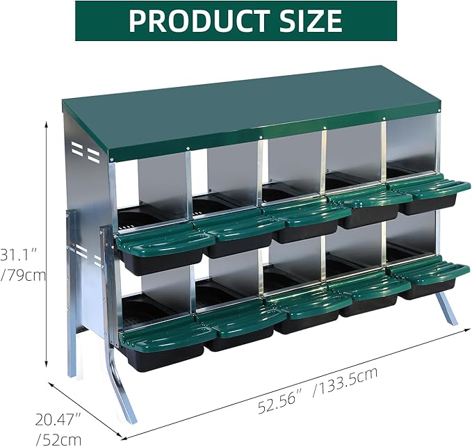 Chicken Nesting Box, 2-Tier Chicken Egg Laying, 10 Compartments Chicken Laying Box for Hens, 10 Room Metal Nesting Boxes for Chicken, Roll Away Nest Box with Lid Cover to Protect Eggs,10 Holes Green