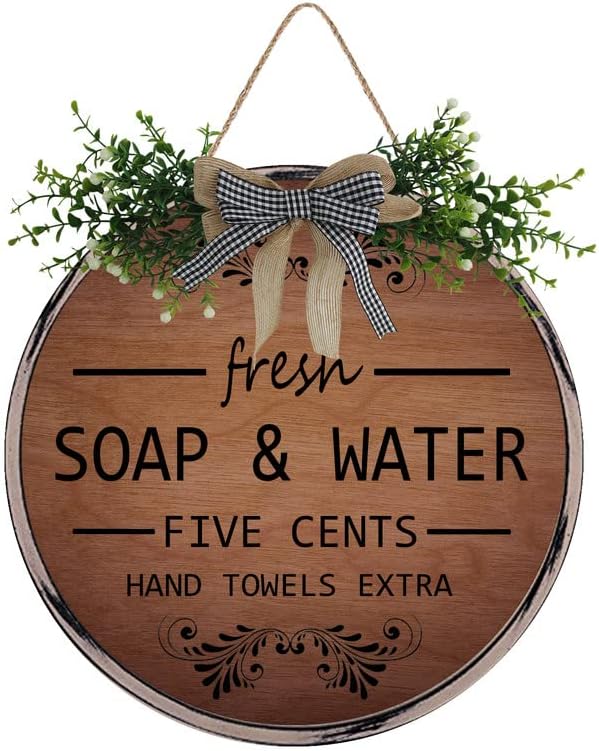 Farmhouse Bathroom Wall Decor Antique Frame Round Wooden Sign Vintage Decor for Toilet Restroom Restroom Hanging Sign Fresh Soap And Water 12 X 12 Inch