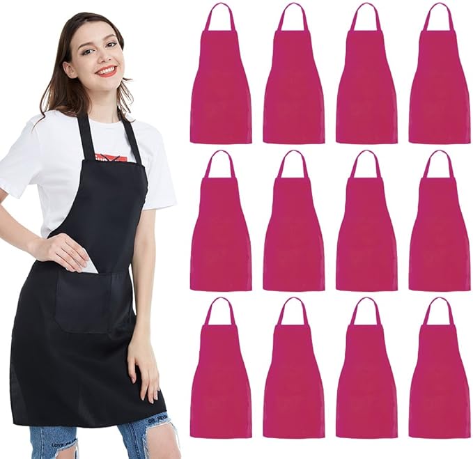NOBONDO 12 Pack Bib Apron - Unisex Black Apron Bulk with 2 Roomy Pockets Machine Washable for Kitchen Crafting BBQ Drawing