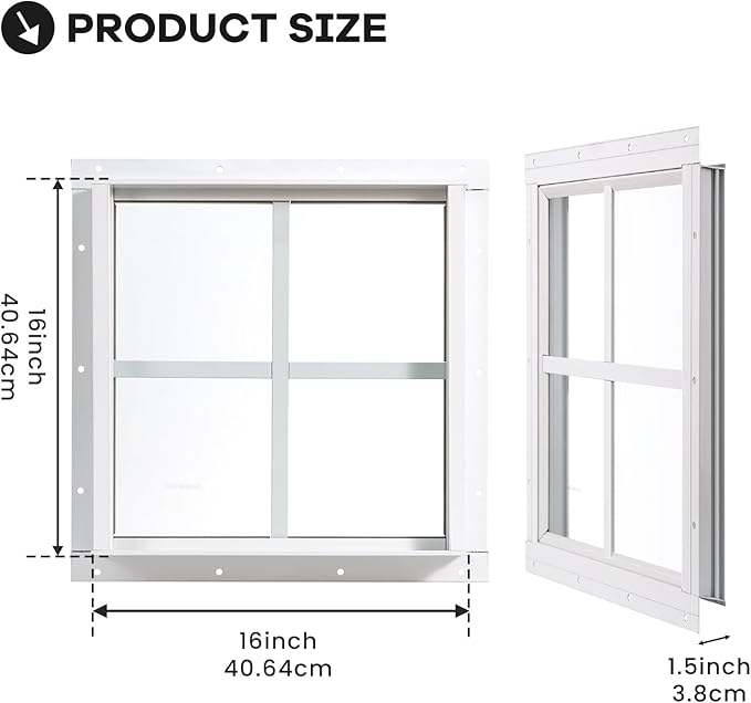 Shed Windows 2 Pack, Chicken Coop Windows 16" x 16" Fixed Transom Window with Tempered Glass, Square Gable Flush Mounted Small Window for Shed, Playhouse, Household, Garage (White)