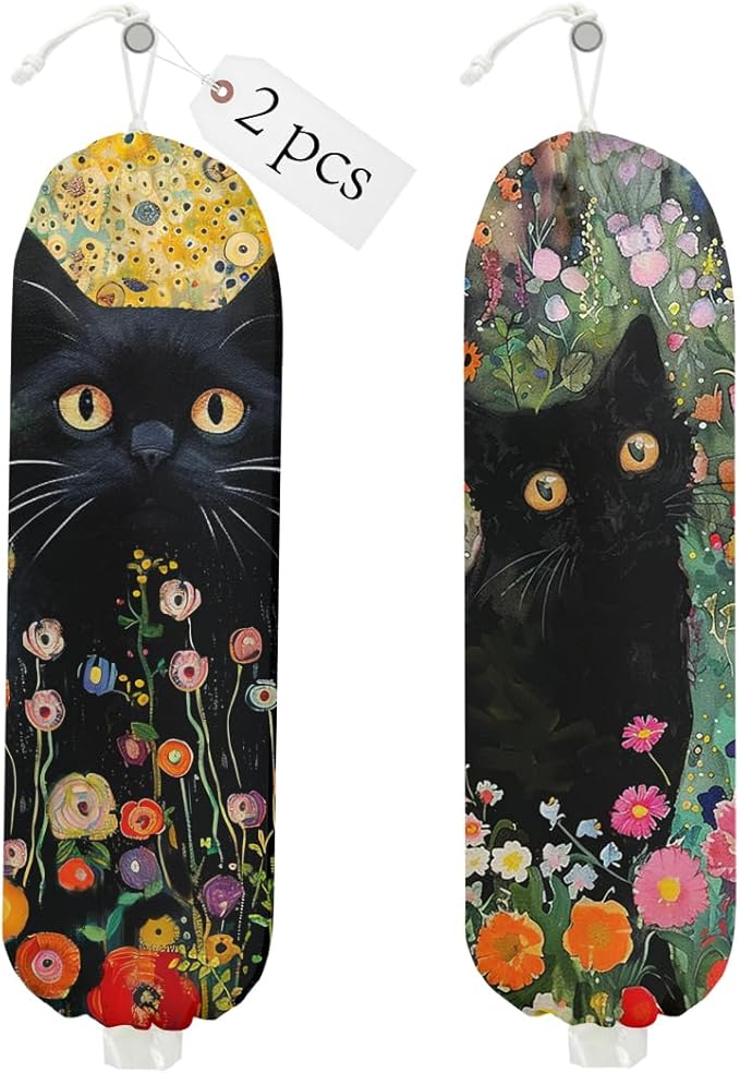 2PCS Cat Plastic Bag Holder, Wall Mount Grocery Bag Holder for Plastic Storage bag, Storage Organizer Reusable Grocery Bags, Pull Rope Free Adjustment, Cat Lover Gifts for Women Mom Sister
