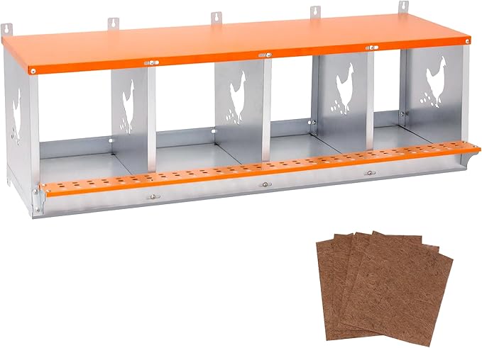 Chicken Nesting Box, 4 Compartment Wall Mount Metal Chickens Laying Boxes for Hens, Ducks, Roll-Out Egg Collection for Chicken Coop, Backyard, Farms, Orange