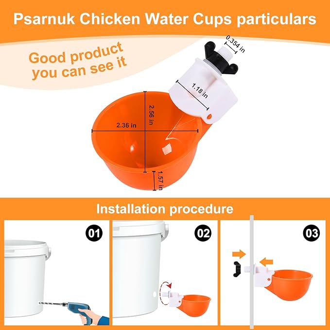 Chicken Waterer Cups (16 Pack/Orange) - DIY Automatic Large Chicken Water Feeder for Ducks Quail and Various Poultry Dispenser with Matching Drill, Double Rubber Ring, Not Leaking Wate