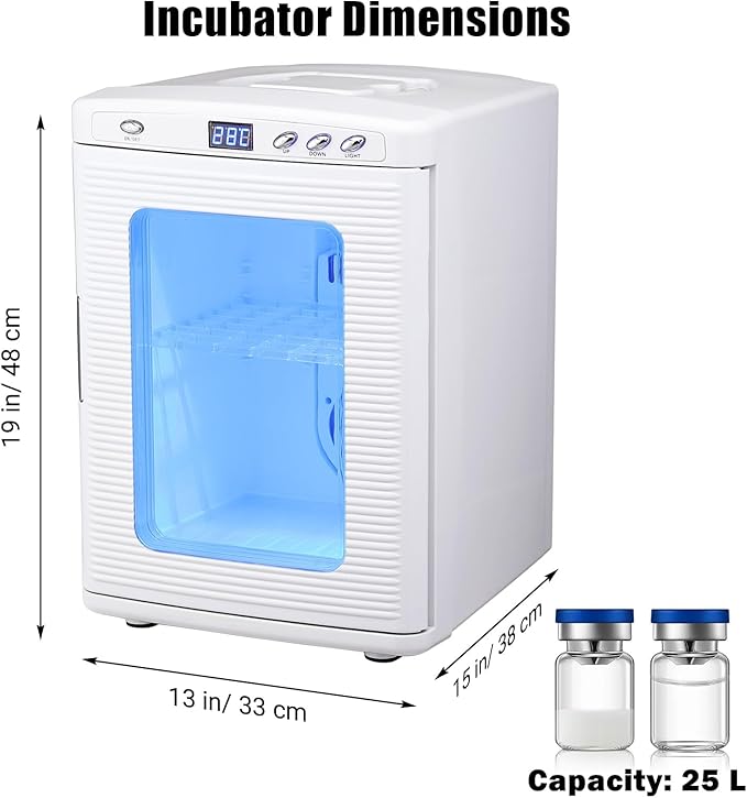 25L Reptile Incubators for Hatching Eggs, Digital Science Lab Incubator,Cooling and Heating 10-60°C, 12VAC/110VDC Dual-Power Small Portable Incubator for Laboratory, Home, Vehicle, White