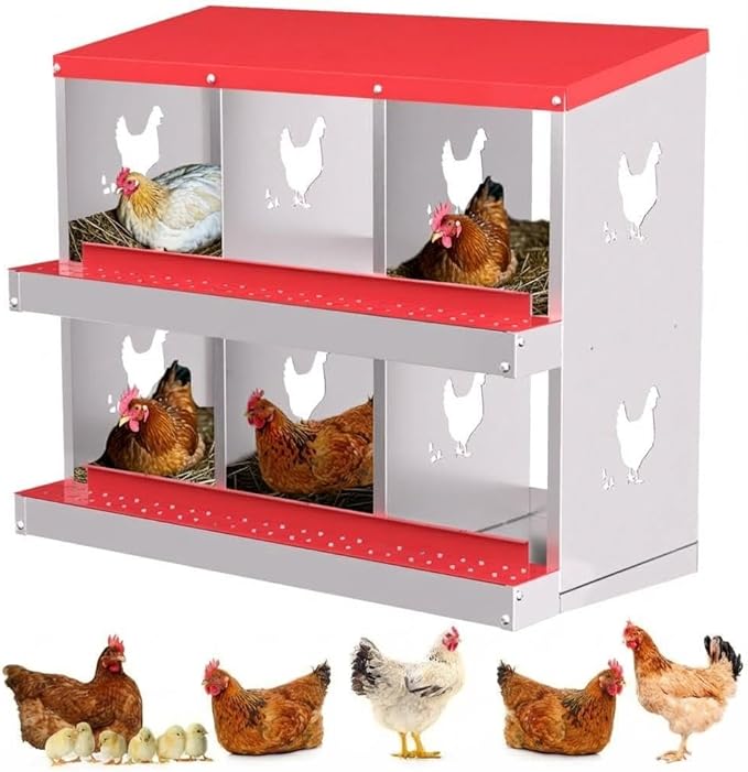 Chicken Nesting Box,6 Holes Galvanized Steel Metal Chicken Laying Box with Automatic Roll-Away Egg Collection System & Removable Tray,Wall Mount Nesting Boxes