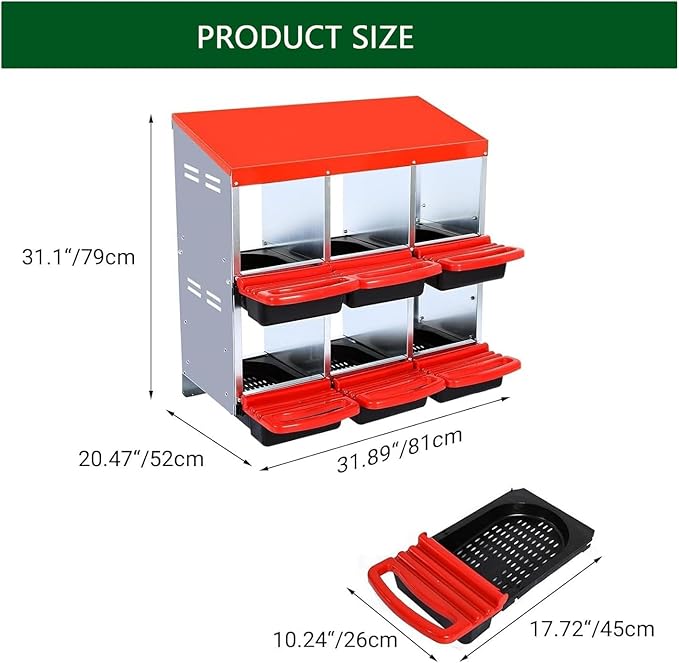 Chicken Nesting Boxes, 6 Holes Metal Chicken Egg Laying Box with Swing Perch and Rollout Egg Collection,for Various Chicken Breeds Without Stand - Red 0.6mm