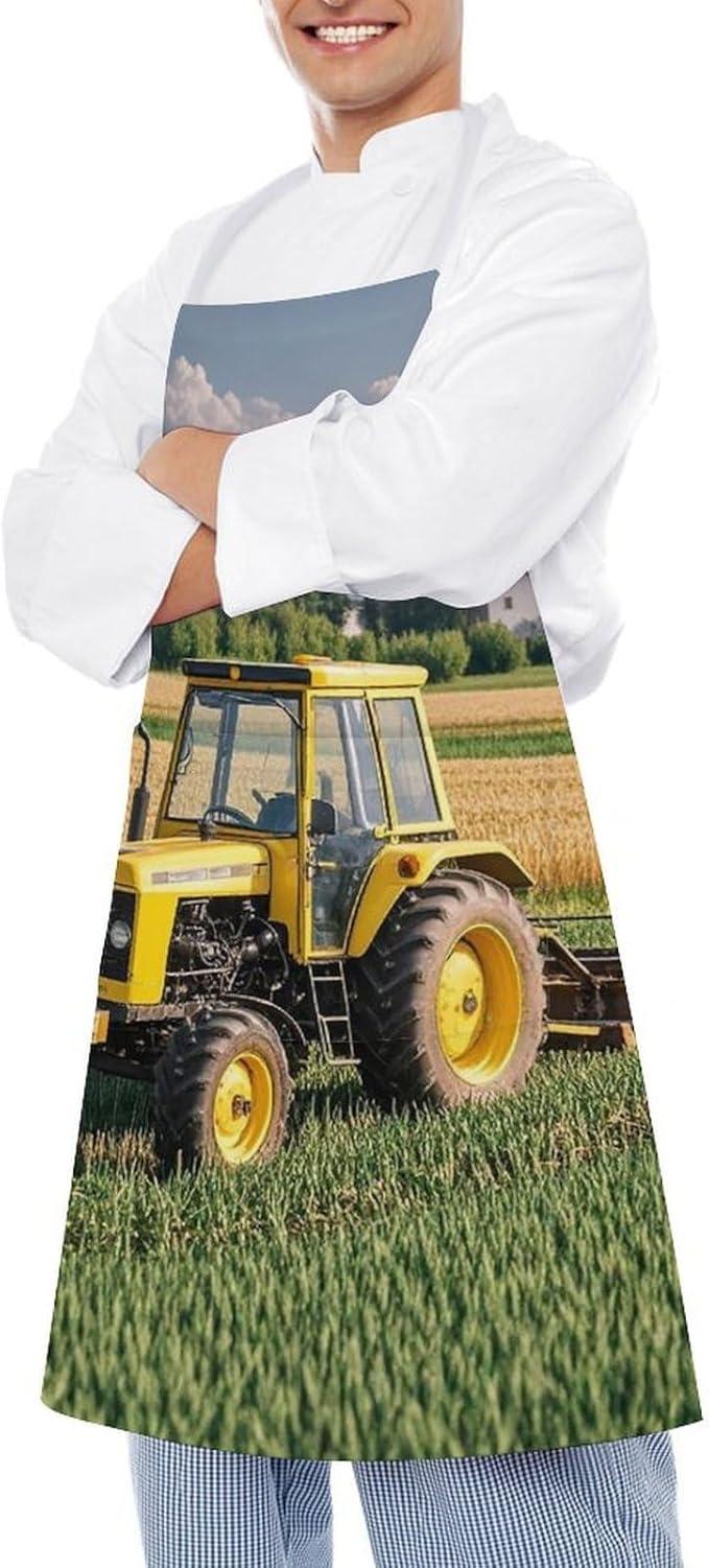 Adult Tractor Farm Apron Waterproof Apron with Large Pocket Adjustable Neck Strap Kitchen Bib Work Aprons Long Ties Cooking Baking Gardening Painting for Women Men
