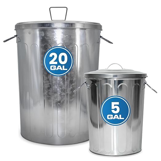 Plexon 20 Gallon Metal Trash Can and 5 Gallon Small Metal Trash Can with Lids Heavy-Duty Outdoor and Indoor Set for Storage Ash Bucket Bird Seed and Farm Use, Bundle