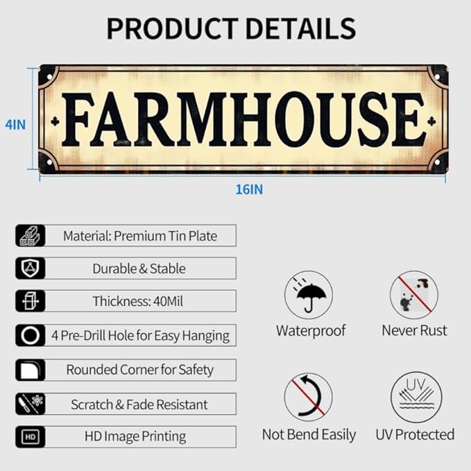 Decorative Tin Sign 16 * 4 Inches –Farmhouse For Farm, Backyard, Patio | Farmhouse Sign, Vintage Decor for Home, Outdoor Sign