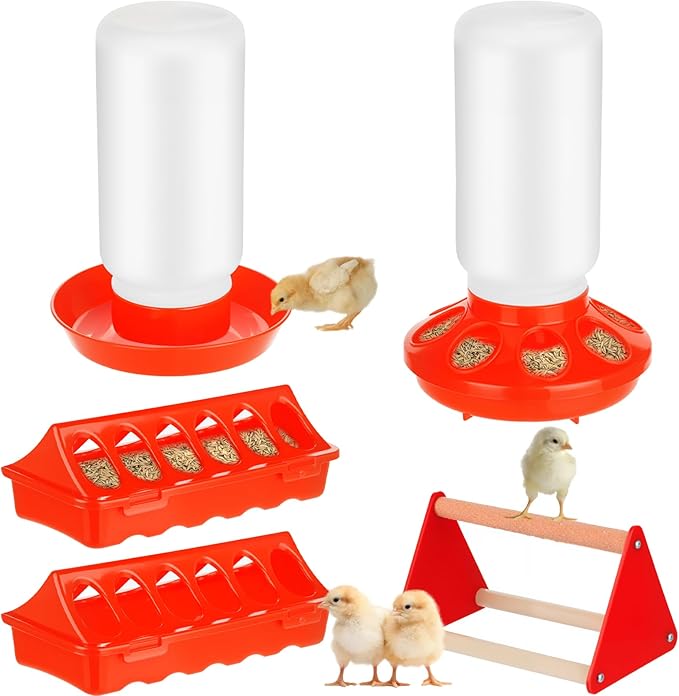 TINSKY 5 Pack Chick Feeder and Waterer Set Plastic Baby Chicken Brooder Starter Kit with Chick Perch for Small Poultry Ducks Quail