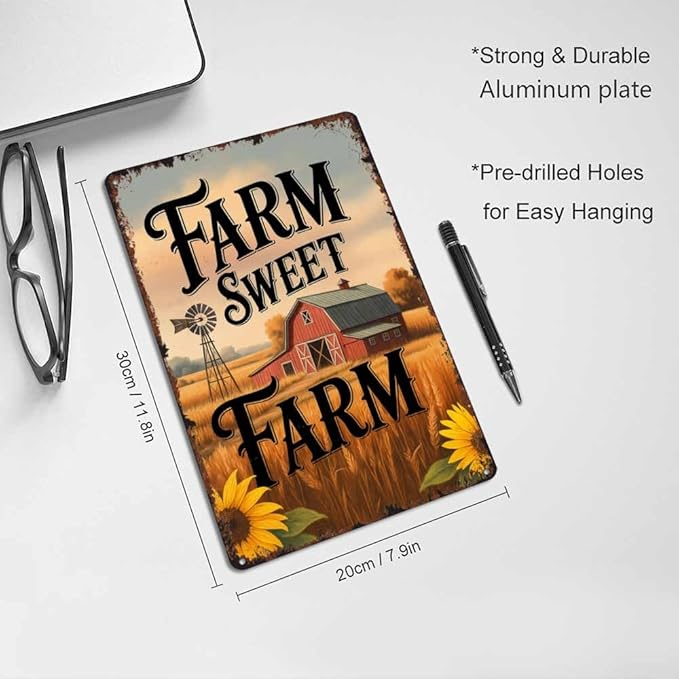 Farm Sweet Farm Rustic Countryside Motif 8x12 Inch Vintage Aluminum Metal Tin Signs-For Backyard Patio Porch Kitchen Living Room Wall Decor