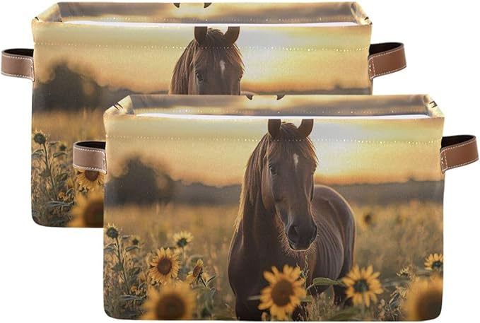 JIPONI Horse Sunflower Fabric Storage Bins for Shelves, Decorative Storage baskets for organizing, Closet Organizer with Handle for Cloth, Toys