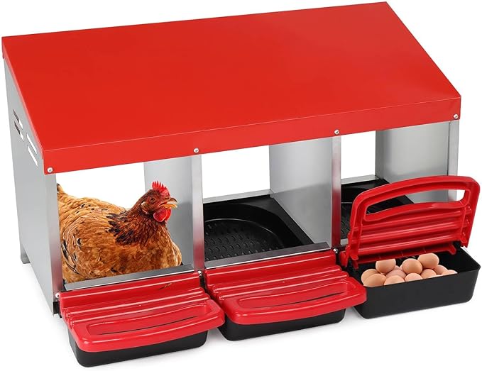 3-Compartment Chicken Nesting Boxes with Perch Cover, Roll Out Brooder Box for Chicks, Pull Out Egg Collection Tray and Protection, Durable Steel & Plastic Construction, Chicken Coop (Red)