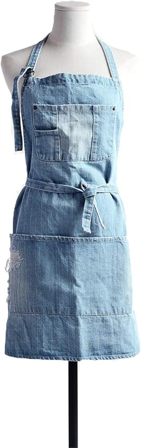 Cotton Denim Apron Soft - Unisex Adjustable Bib Apron with 5-Pockets Perfect for Kitchens