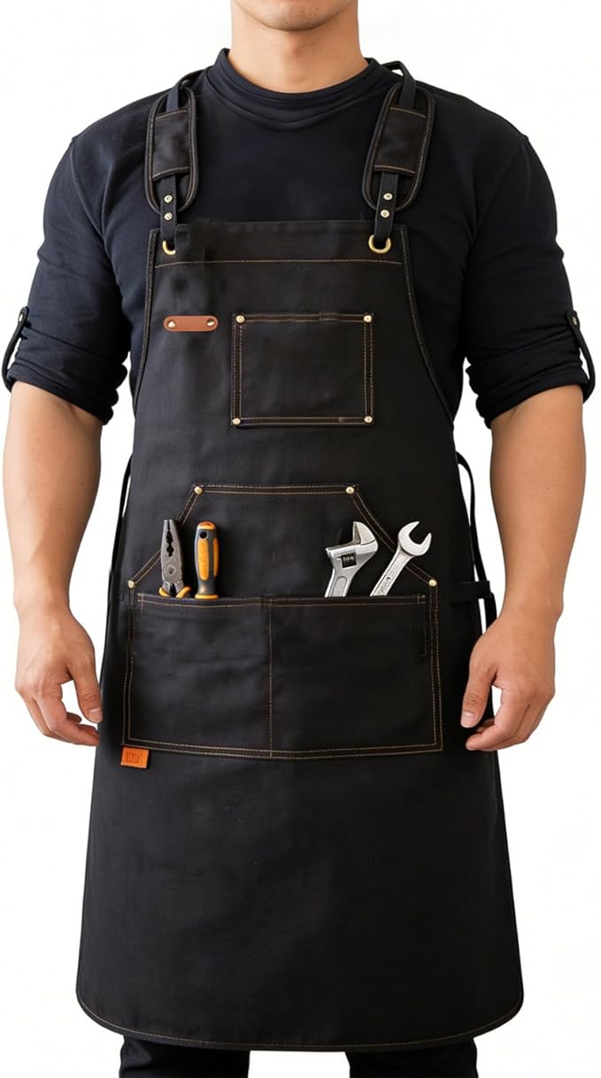 Adjustable Kitchen Apron Set With Pockets, Heavy Duty Cooking Apron for Men and Women, Black/Grey