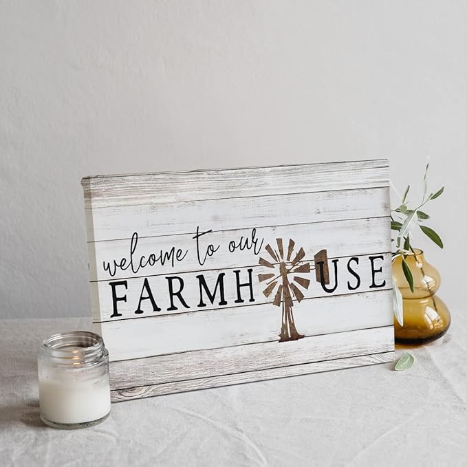 Tizzer Welcome To Our Farmhouse Sign Canvas Wall Art Prints,Windmill Wood Texture Paintings Prints,11x14 inches Artwork for Farm Themed Decor Farmhouse Outdoor Porch Living Room Home