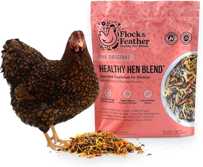 Flock & Feather Healthy Hen Blend Chicken Treats with Black Soldier Fly Larvae for Chickens, Natural Poultry Feed Topper with Sunflower Seeds, Flaxseed & Herbs for Backyard Chickens & Laying Hens,1 lb