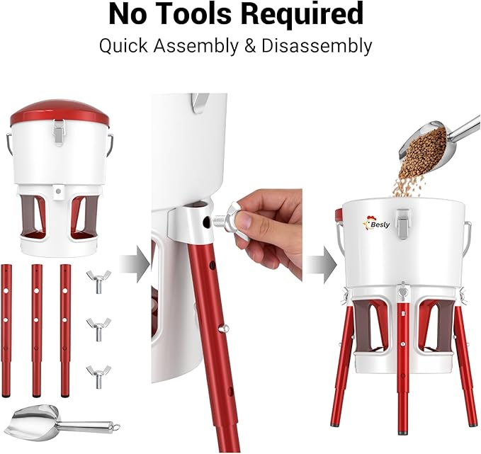 Chick Feeder with Adjustable Height,No Spill,Metal Poultry Feeder for Chicks 0-8 Weeks,30oz/2L Capacity,Tripod Stable Ground Feeder,3 Anti-Bully Ports,Easy Clean,Tool-Free Assembly