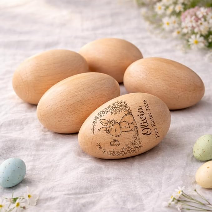 Personalized Wooden Easter Egg – Custom Engraved Bunny Name Egg, Baby First Easter Keepsake Gift, Rustic Wood Bunny Decor, Cute Basket Stuffer for Kids, Spring Holiday Gift for Baby Boy Girl/6