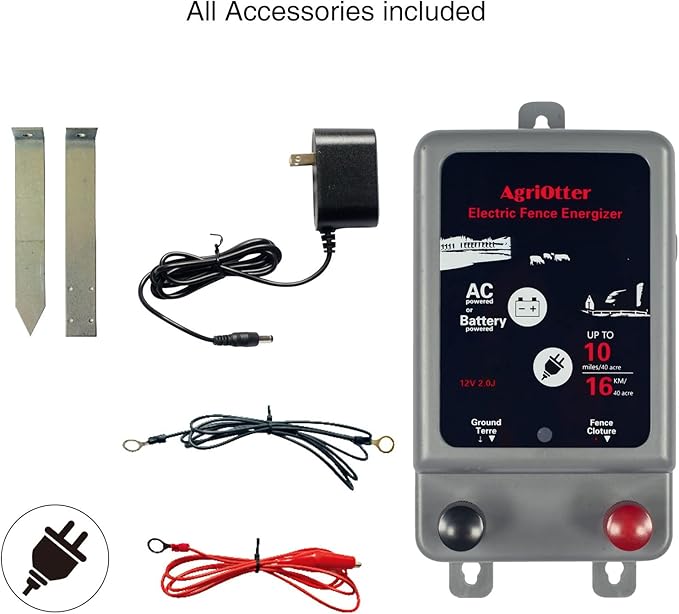 Electric Fence Energizer 40 Acre 10 Miles 2 in 1 Powered by Battery or AC Outlet 12000V 2J Pulse Electric