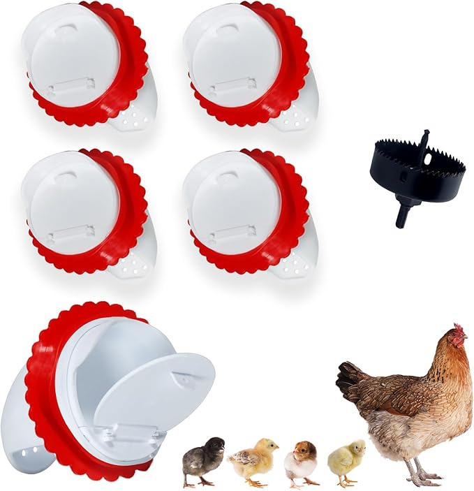 Chicken Feeders No Waste, DIY Rain-Proof Rodent Proof Automatic Poultry Feeder Port kit, Gravity Feeder with Lid has 4/6 Ports -1 Hole Saw Suitable for Buckets, Barrels, Bins, Troughs (White-4pcs)