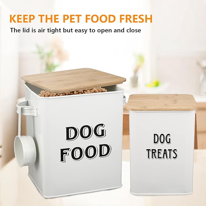 Dog Food Storage Container Farmhouse Pet Food Treats Bin with Lid and Scoop, Perfect Sturdy Canister Tins for Kitchen Countertop, Shelf, Great Gift for Pet Owners - Dog Food