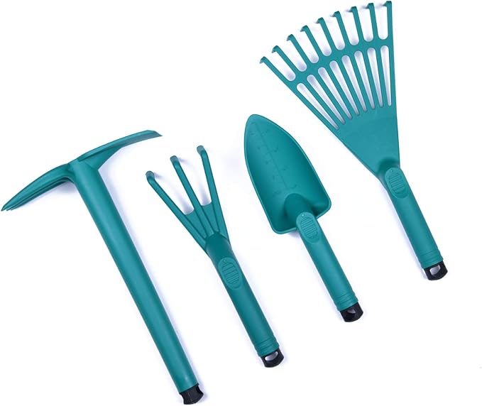 Mintra Home 4-Piece Heavy Duty Garden Tool Set, Including Cultivator, Trowel, Shovel & Rake, Durable Poly Material & Non-Slip Handle, Forest Green