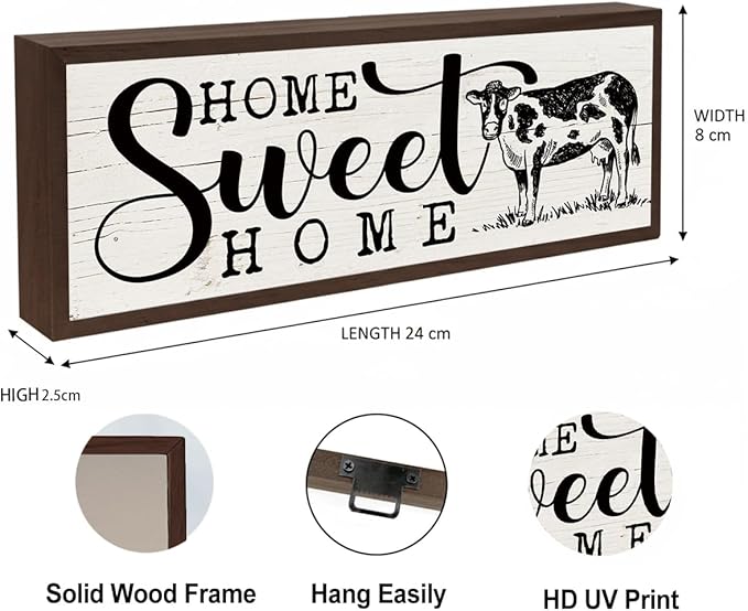 Rustic Home Sign, Sweet Home Decor, Framed Wall Plaque, Farmhouse Decors for Front Door Porch Living Room, Housewarming Decor, Rustic Framed Wooden Sign 9.5x3.1x1 inches