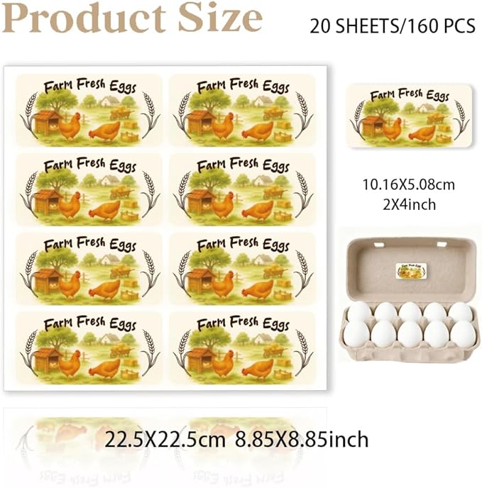 160 Pcs Farm Fresh Eggs Carton Labels, 4 x 2 in Rectangular Retro Font Chicken Unwashed Eggs Labels Self-Adhesive Egg Packaging Stickers for Chicken Egg Box Container Farm Supplies