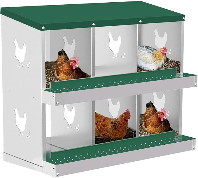 Chicken Nesting Boxes, 6-Compartment Metal Egg Laying Box with Swing Perch and Secure Lid – Versatile Wall Mount or Free Standing Suitable for Various Chicken Breeds - Green