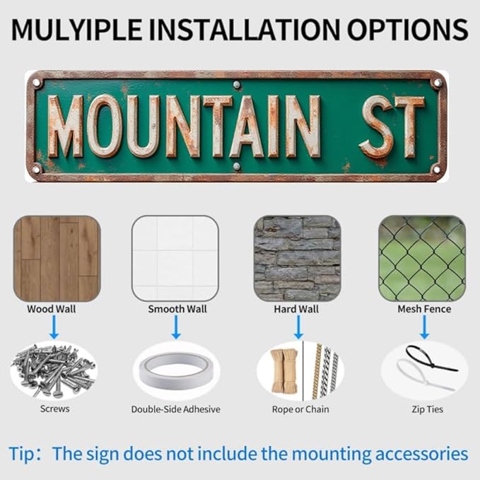 Decorative Tin Sign 16 * 4 Inches for Backyard,"Mountain St" Patio, Ranch - Homestead Vintage Farm Decor
