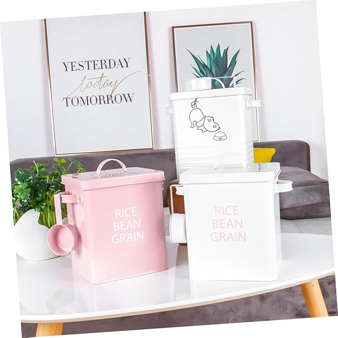Pink Pet Food Storage Barrel Airtight Metal Container with Spoon for Dog and Cat Food Moisture- Durable Design for Grain Storage