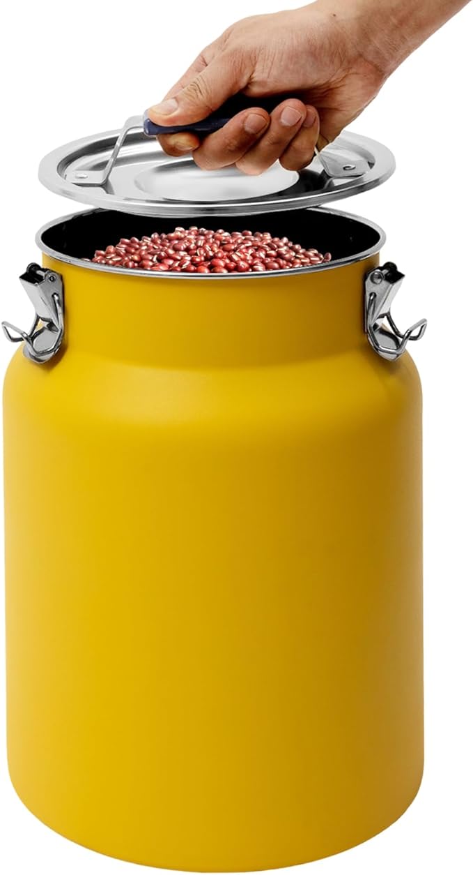12L Airtight Food Storage Containers, Stainless Steel Rice Bucket with Locking Lid & Wide Mouth, Large Metal Grain Dispenser for Kitchen Pantry Organization - 3.17 Gal, Yellow