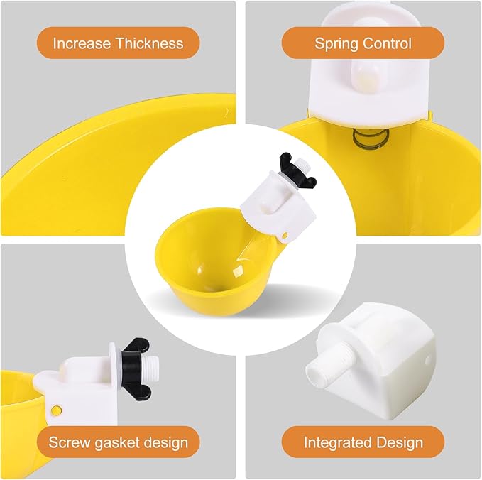 Chicken Waterer Cups (16 Pack/Yellow) - DIY Automatic Large Chicken Water Feeder for Ducks Quail and Various Poultry Dispenser with Matching Drill, Double Rubber Ring, Not Leaking Wate
