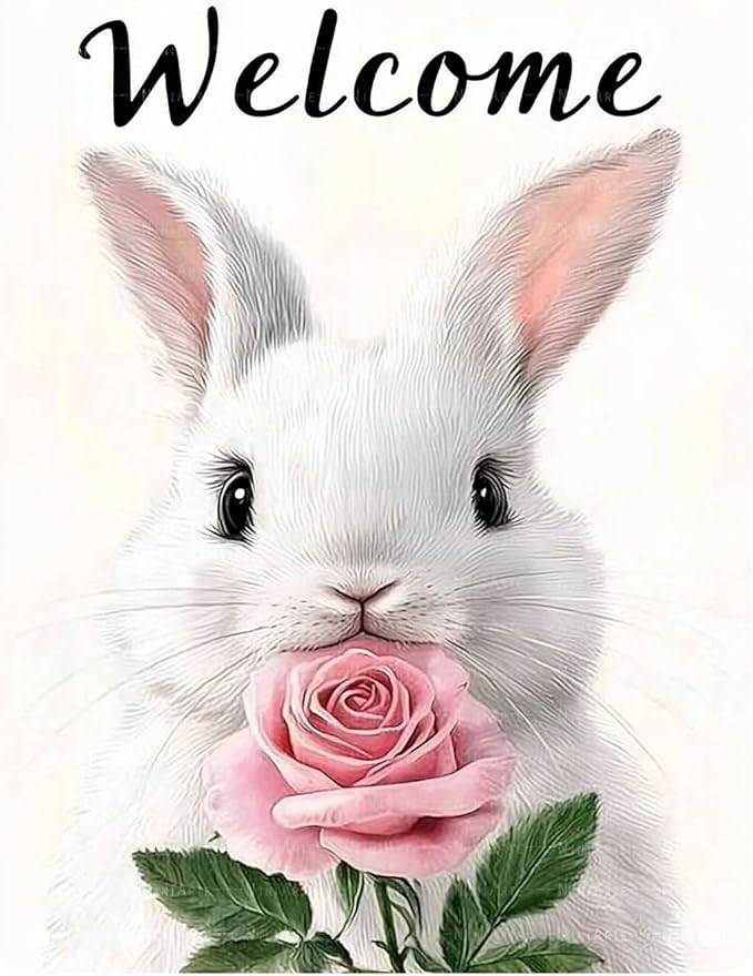 Easter Bunny Vintage Tin Sign Welcome Rabbit Decorations Fun Decor for Home Wall Yard Garden 12X16Inch