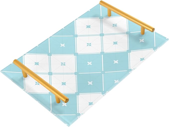 Bathroom Vanity Tray Counter Organizer, Check Blue White Decorative Tray with Handles Countertop Storage for Bathroom Bedroom Kitchen Home Farmhouse