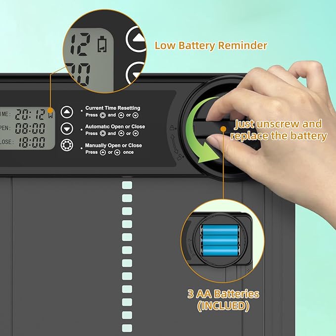 Automatic Chicken Coop Door, Battery Powered Electric Chicken Coop Door with Smart Timer, Anti-Pinch Sensor, LCD Display& Low Battery Reminder for Hens, Ducks, Geese Poultry