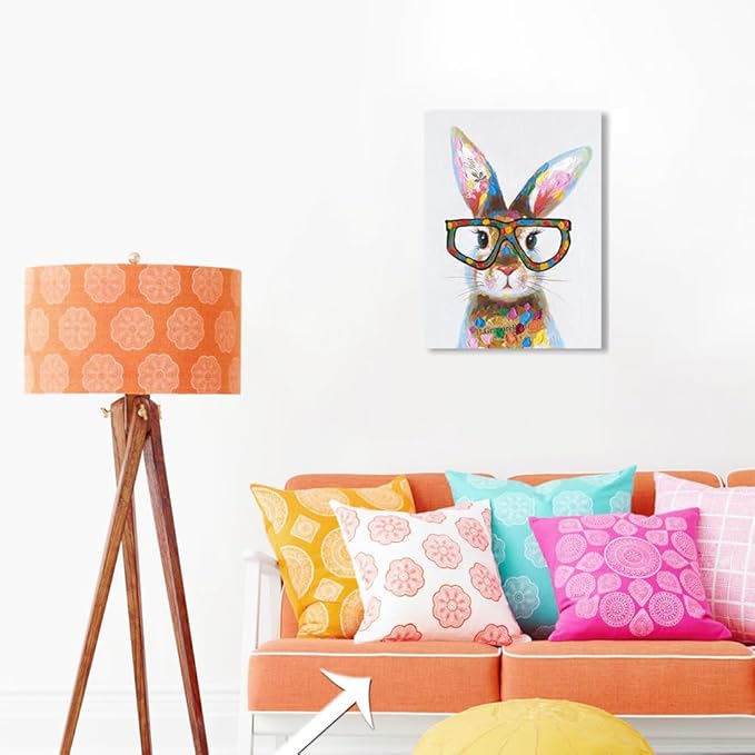 Yidepot Whimsical Colorful Rabbit Canvas Poster - Bunny Bedroom Wall Decor with Cute Glasses Pictures for Living Room 12"x16"