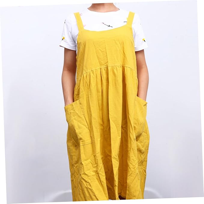 Ciieeo Cotton Linen Tall Waist Apron and Oilproof Kitchen Apron for Cooking and Gardening Stylish Yellow Design for Home and Flower Shop Use