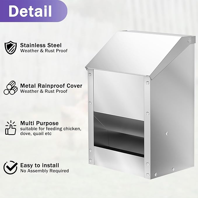 Stainless Steel Chicken Feeders 12 Lbs No Waste Poultry Feeder with Lid Weatherproof Metal Hanging Chicken Feeder, Coop Food Dispenser No Waste for Chicken & Duck