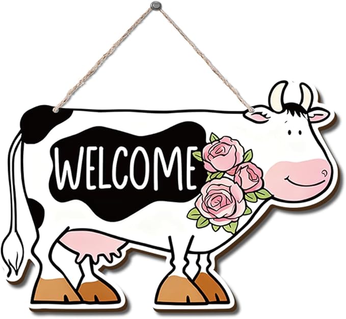 Farmhouse Decor Cow Welcome Sign, Rustic Wood Wall Art Watercolor Oil Painting Style Black and White Cow with Flowers Animal Shaped Hanging Plaque for Kitchen Porch Barn, 11.8x8 Inches